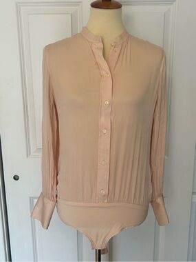 J. Crew Silk Long-Sleeve Button-Front Bodysuit in Blush Pink